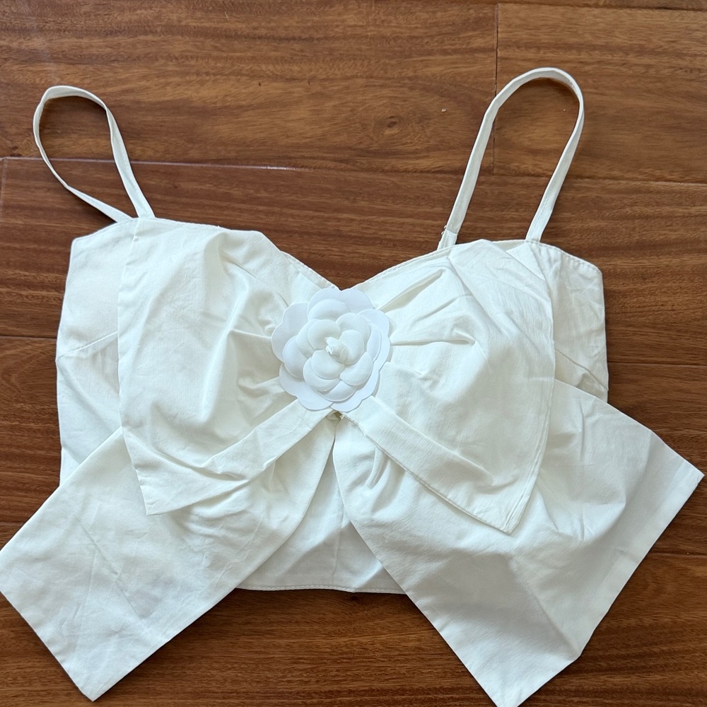 White Floral Accent Spaghetti Strap Crop Top